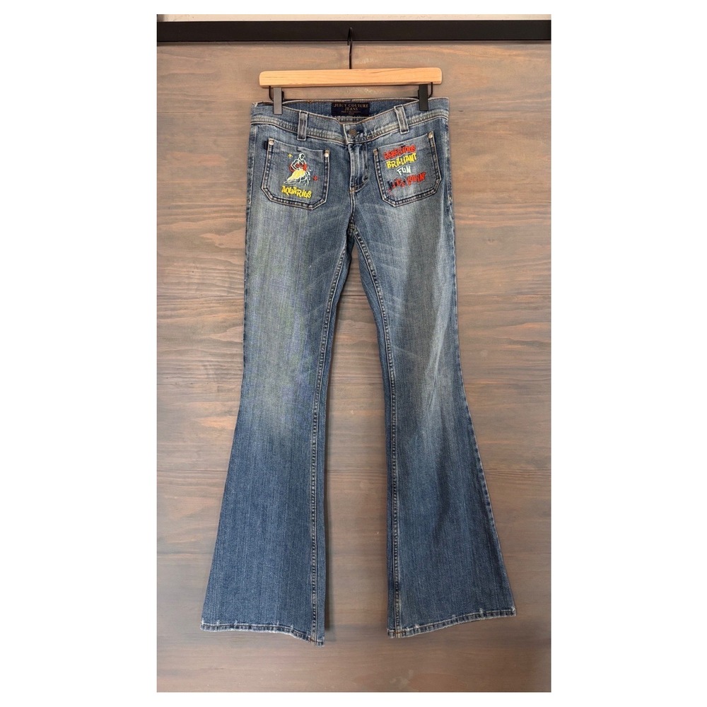 Juicy‎ Couture Jeans Aquarius Zodiac Flare Denim Blue Embroidered Y2K Size 27